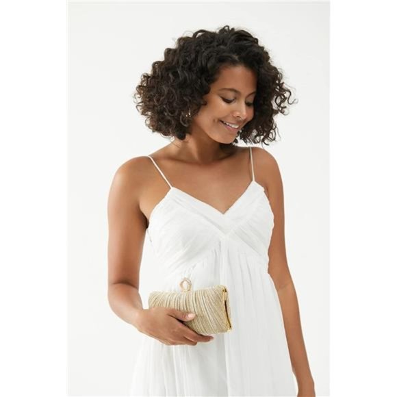 Womens Golden Glitter Clutch Purse Pleated Evening Bag for Bridal Wedding Party - Picture 2 of 6